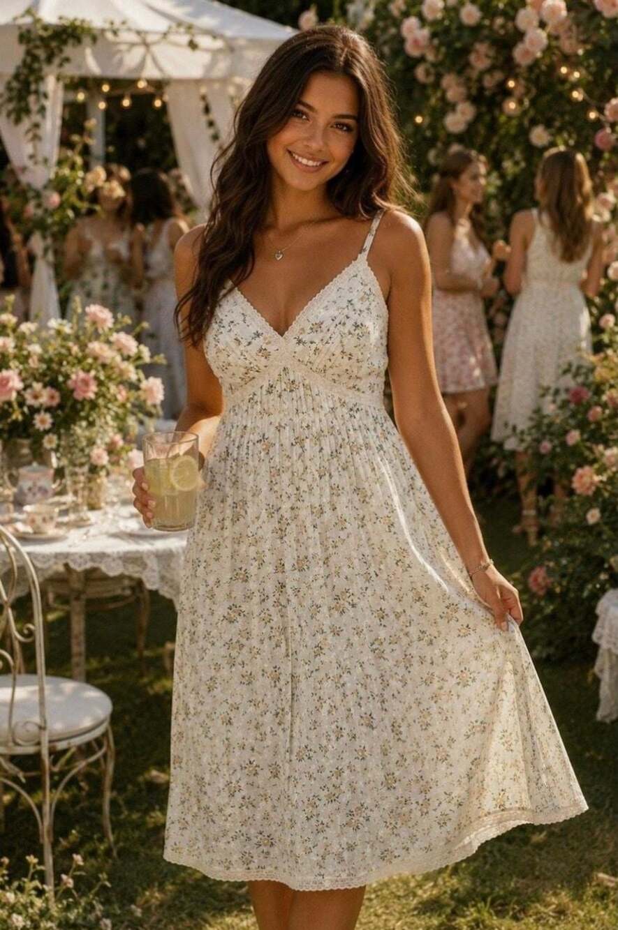 Cottage Core Cotton Floral Romantic Lace and Smocking Details Dress